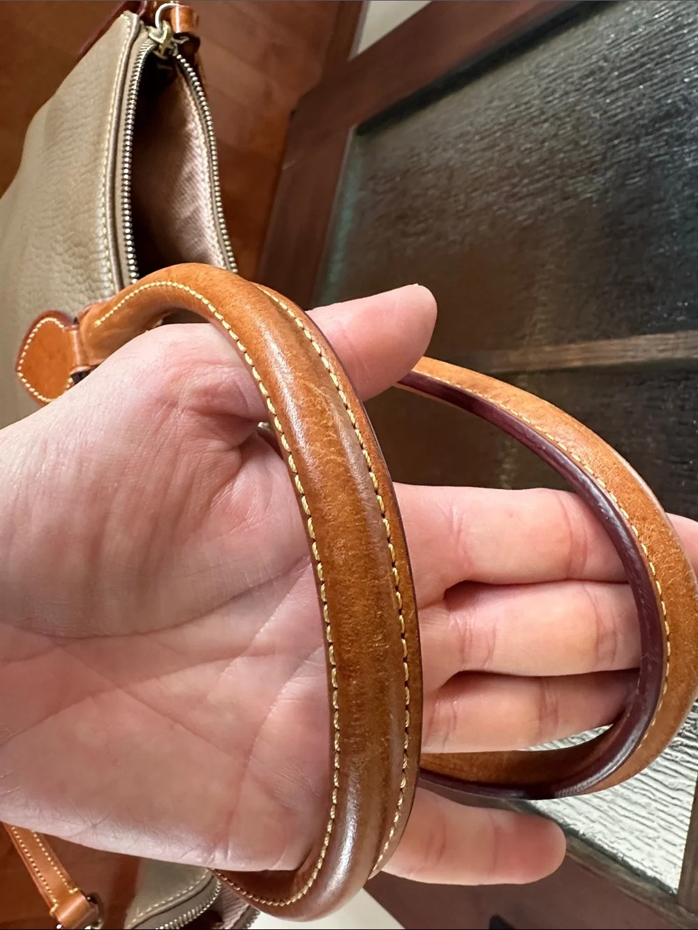 Dooney & Bourke Pebbled Leather DILLEN Double Pocket Satchel Handbag Beige